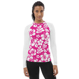 Hot Pink and White Hawaiian Flowers Women's Rash Guard with White Sleeves - Extremely Stoked