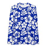 Royal Blue and White Hawaiian Flowers Women's Rash Guard - Extremely Stoked