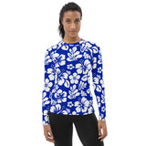 Royal Blue and White Hawaiian Flowers Women's Rash Guard - Extremely Stoked