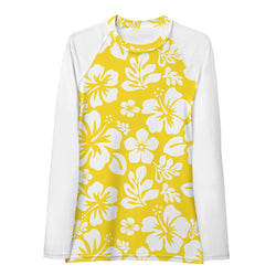 Yellow and White Hawaiian Flowers with White Sleeves Women's Rash Guard - Extremely Stoked