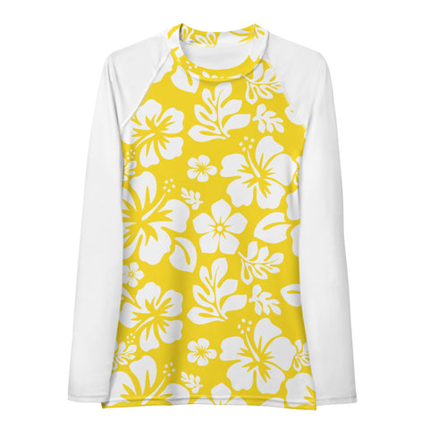 Yellow and White Hawaiian Flowers with White Sleeves Women's Rash Guard - Extremely Stoked