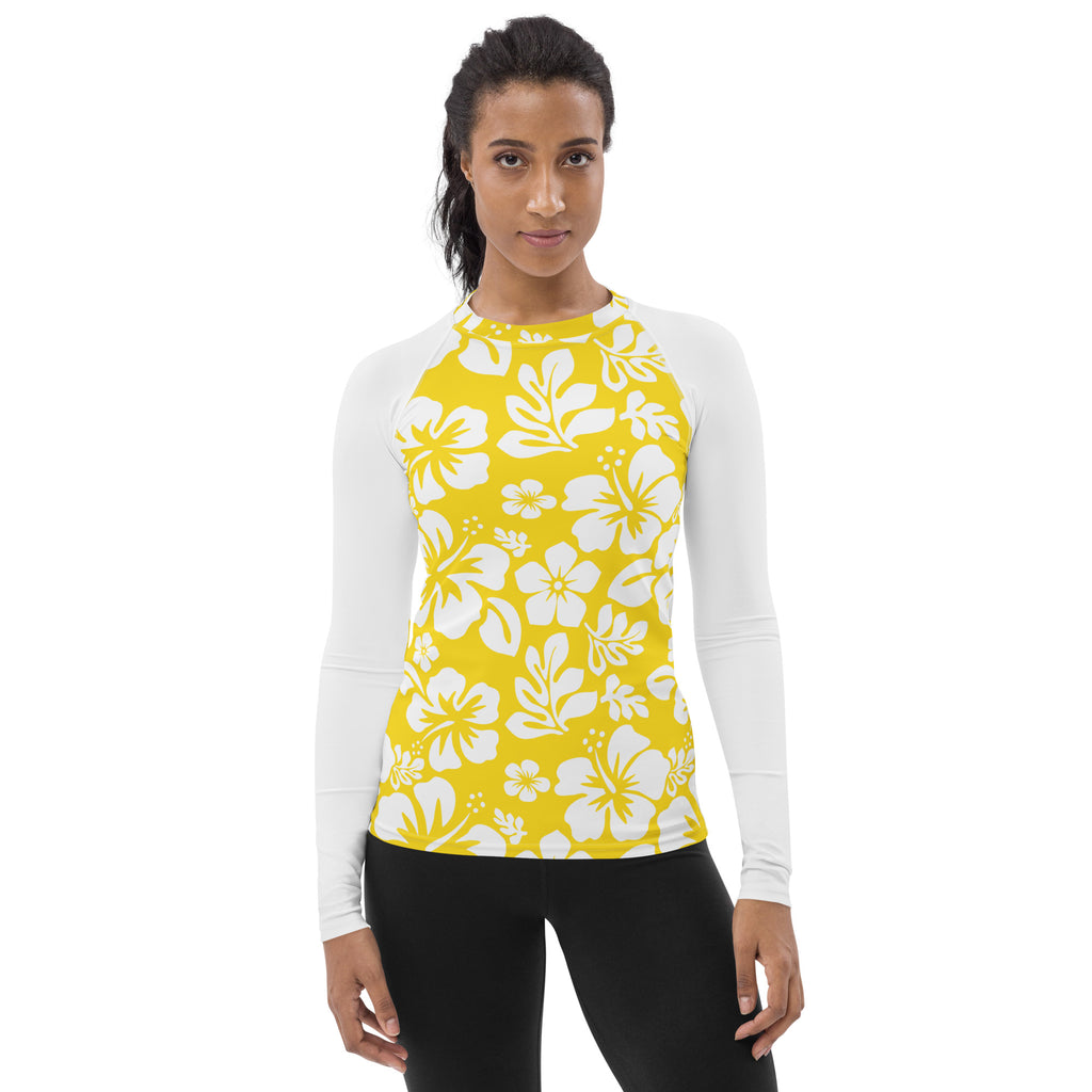 Women's Yellow & White Hawaiian Flowers Rash Guard with White