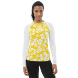 Yellow and White Hawaiian Flowers with White Sleeves Women's Rash Guard - Extremely Stoked