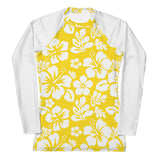 Yellow and White Hawaiian Flowers with White Sleeves Women's Rash Guard - Extremely Stoked
