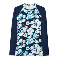 Ocean Blues Hawaiian Flowers Women's Rash Guard with Navy Blue Sleeves - Extremely Stoked