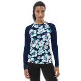 Ocean Blues Hawaiian Flowers Women's Rash Guard with Navy Blue Sleeves - Extremely Stoked