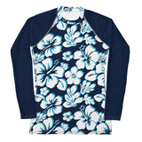 Ocean Blues Hawaiian Flowers Women's Rash Guard with Navy Blue Sleeves - Extremely Stoked