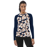 Navy Blue, White and Orange Hawaiian Print Women's Rash Guard with Navy Blue Sleeves - Extremely Stoked