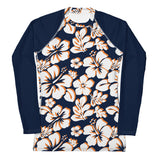 Navy Blue, White and Orange Hawaiian Print Women's Rash Guard with Navy Blue Sleeves - Extremely Stoked
