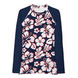 Red, White and Navy Blue Hawaiian Print Women's Rash Guard with Navy Blue Sleeves - Extremely Stoked