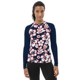 Red, White and Navy Blue Hawaiian Print Women's Rash Guard with Navy Blue Sleeves - Extremely Stoked