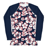 Red, White and Navy Blue Hawaiian Print Women's Rash Guard with Navy Blue Sleeves - Extremely Stoked