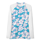 Aqua Blue, White and Pink Hawaiian Print Women's Rash Guard with White Sleeves - Extremely Stoked