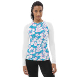 Aqua Blue, White and Pink Hawaiian Print Women's Rash Guard with White Sleeves - Extremely Stoked