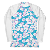Aqua Blue, White and Pink Hawaiian Print Women's Rash Guard with White Sleeves - Extremely Stoked