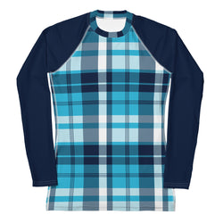 Women's Ocean Blues Preppy Plaid Rash Guard with Navy Blue Sleeves – Eco Swim Shirt by Extremely Stoked®