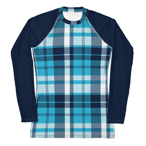 Women's Ocean Blues Preppy Plaid Rash Guard with Navy Blue Sleeves – Eco Swim Shirt by Extremely Stoked®