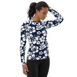 Navy Blue and White Hawaiian Flowers Women's Rash Guard - Extremely Stoked