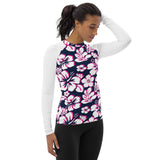 White, Hot Pink and Navy Hawaiian Print Women's Rash Guard with White Sleeves - Extremely Stoked