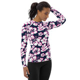 Navy Blue, Hot Pink and White Hawaiian Print Women's Rash Guard - Extremely Stoked