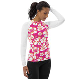 Orange, Hot Pink and White Hawaiian Print Women's Rash Guard with White Sleeves - Extremely Stoked