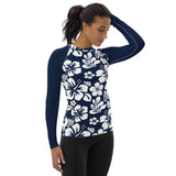 Navy Blue and White Hawaiian Print Women's Rash Guard with Navy Blue Sleeves - Extremely Stoked