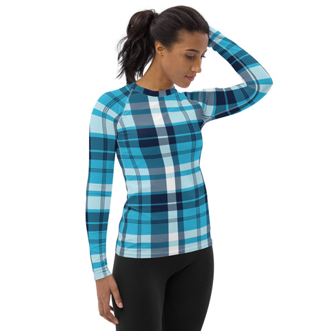 Women's Ocean Blues Preppy Plaid Rash Guard – Eco Swim Shirt by Extremely Stoked®