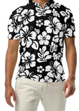 A man wearing a black and white Hawaiian Aloha polo shirt with a slim fit design.