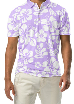 A man wearing a lavender and white Hawaiian Aloha slim fit polo shirt with a white button placket.