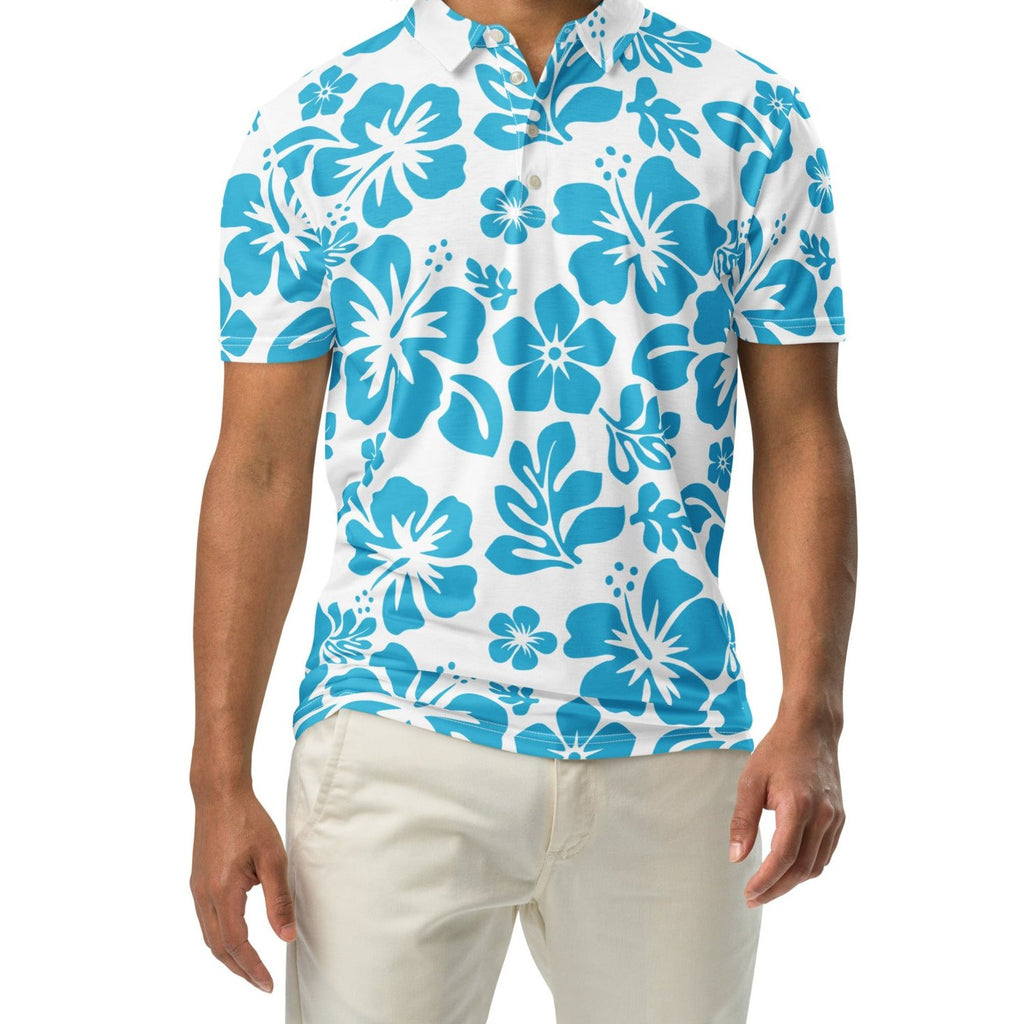 Men s White and Aqua Blue Hawaiian Aloha Polo Shirt Slim Fit Extremely Stoked