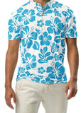 A man wearing a white and aqua blue Hawaiian Aloha slim fit polo shirt with a white button placket.