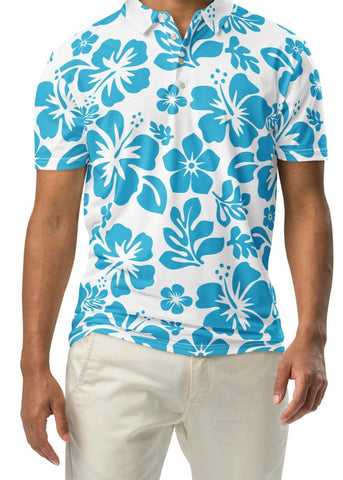 A man wearing a white and aqua blue Hawaiian Aloha slim fit polo shirt with a white button placket.