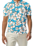 A man wearing an aqua blue, orange, and white floral Hawaiian Aloha polo shirt with a white button placket