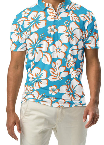 A man wearing an aqua blue, orange, and white floral Hawaiian Aloha polo shirt with a white button placket