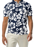 A man wearing a navy blue and white Hawaiian Aloha polo shirt with a slim fit design and white button placket.