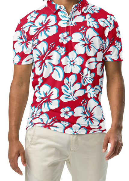 A man wearing a red, aqua blue, and white Hawaiian Aloha slim fit polo shirt with a white button placket.