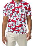 A man wearing a red, aqua blue, and white Hawaiian Aloha slim fit polo shirt with a white button placket.
