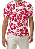 A man wearing a white and red Hawaiian Aloha slim fit polo shirt with a white button placket.
