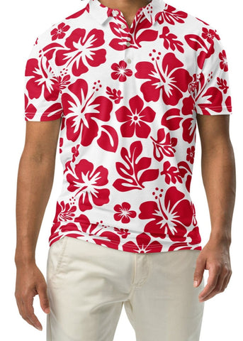 A man wearing a white and red Hawaiian Aloha slim fit polo shirt with a white button placket.