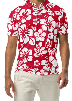 A man wearing a red and white Hawaiian Aloha slim fit polo shirt with a white button placket.