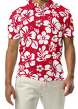 A man wearing a red and white Hawaiian Aloha slim fit polo shirt with a white button placket.