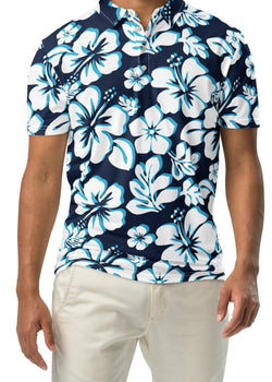 A man wearing a navy blue, aqua blue, and white floral print Hawaiian Aloha polo shirt with a white button placket,