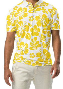 A man wearing a white and yellow Hawaiian Aloha slim fit polo shirt with a white button placket.