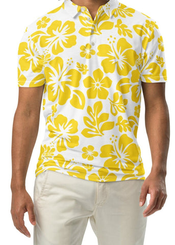 A man wearing a white and yellow Hawaiian Aloha slim fit polo shirt with a white button placket.