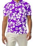 A man wearing a purple and white Hawaiian Aloha slim fit polo shirt with a white button placket.