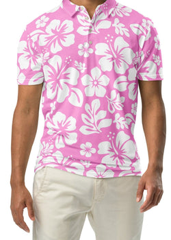 A man wearing a pink and white Hawaiian Aloha slim fit polo shirt with a white button placket.