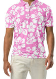 A man wearing a pink and white Hawaiian Aloha slim fit polo shirt with a white button placket.