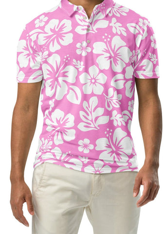A man wearing a pink and white Hawaiian Aloha slim fit polo shirt with a white button placket.