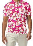 A man wearing a hot pink, orange, and white floral Hawaiian Aloha polo shirt with a white button placket, the shirt has a slim fit design.
