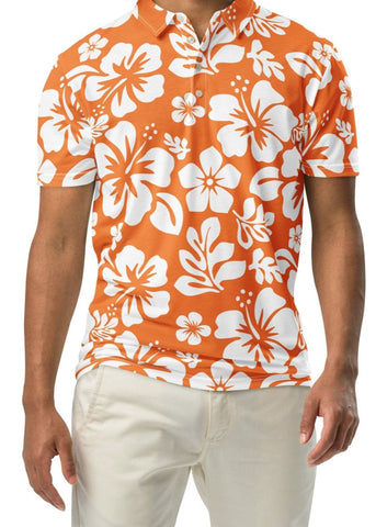 A man wearing an orange and white Hawaiian Aloha slim fit polo shirt with a white button placket.